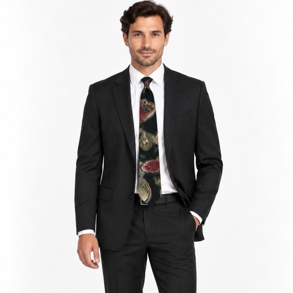 Halston Heritage Men's 100% Italian Silk Black Abstract Floral Necktie One Size